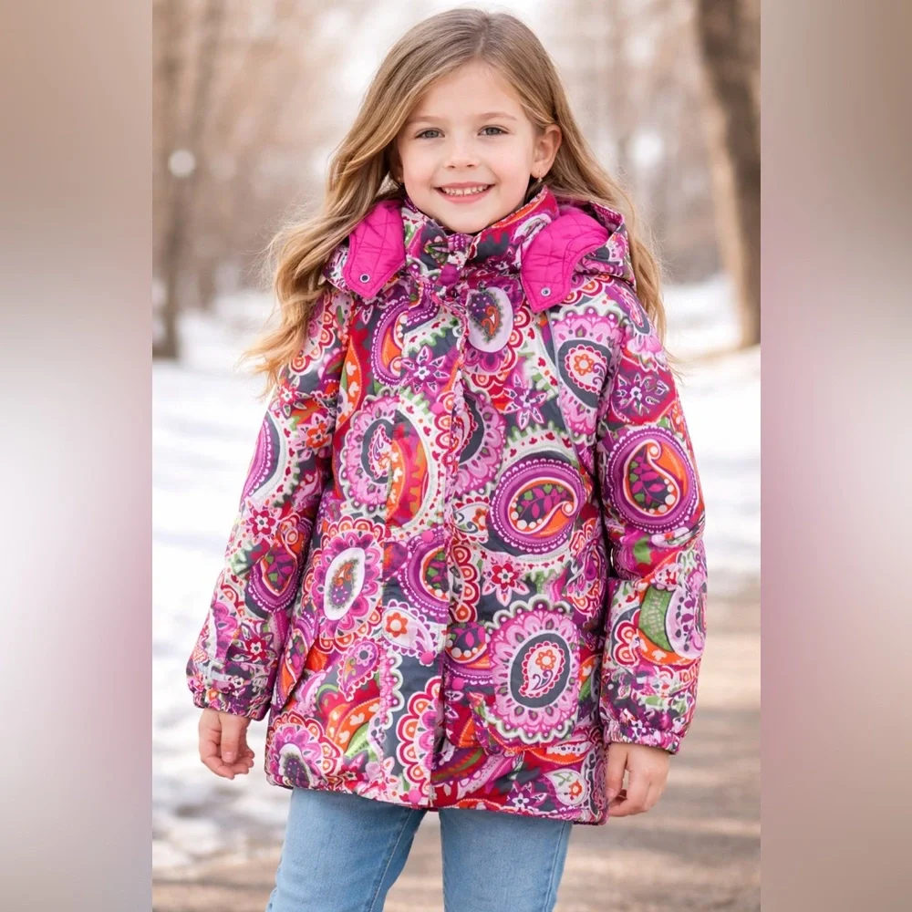 Hanna Andersson Journeys End winter jacket with a vibrant paisley pattern